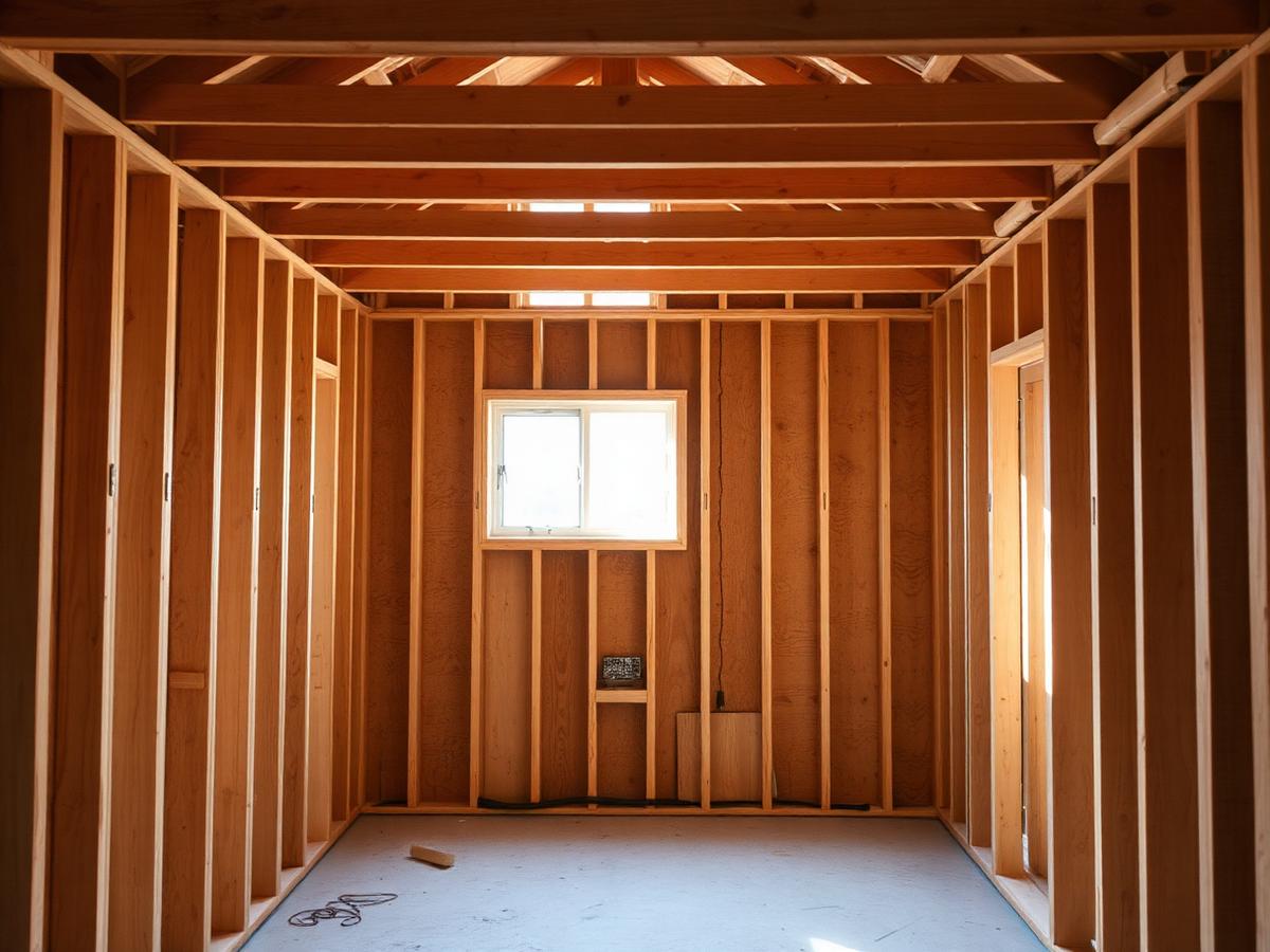 Interior wood wall framing in a residential renovation