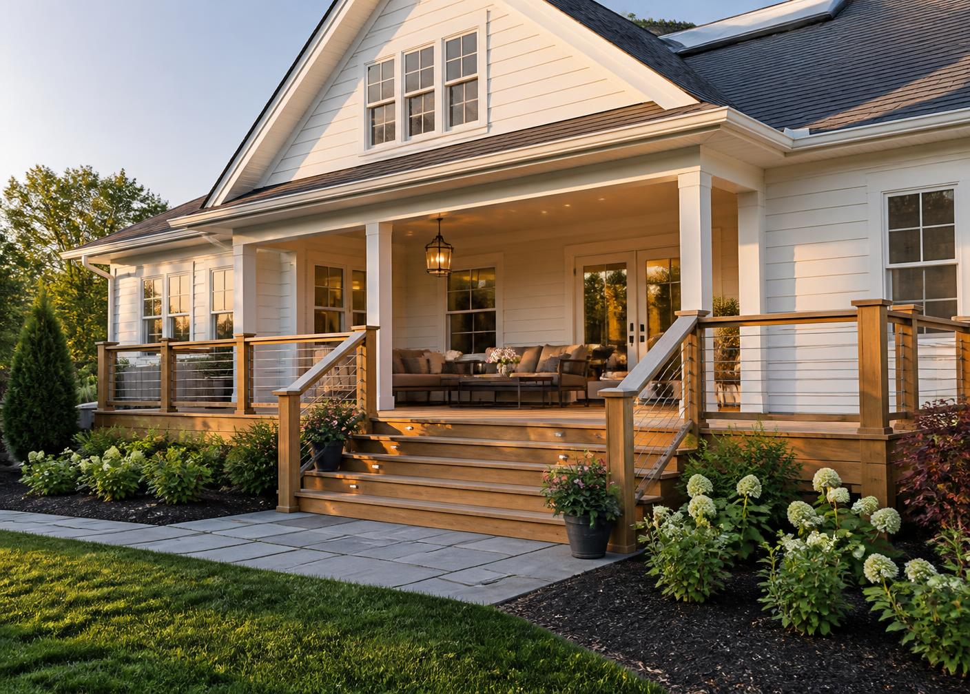 Finished home exterior with new wooden deck and porch